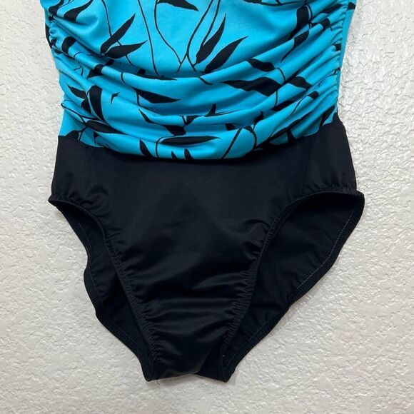 Miraclesuit One Piece Swimsuit Tropical Leaf Print Aqua Blue and Black Size 12 - Picture 4 of 13